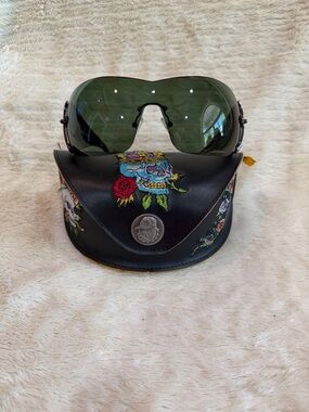 Ed Hardy Black Embroidered Case with Green Lens Sunglasses